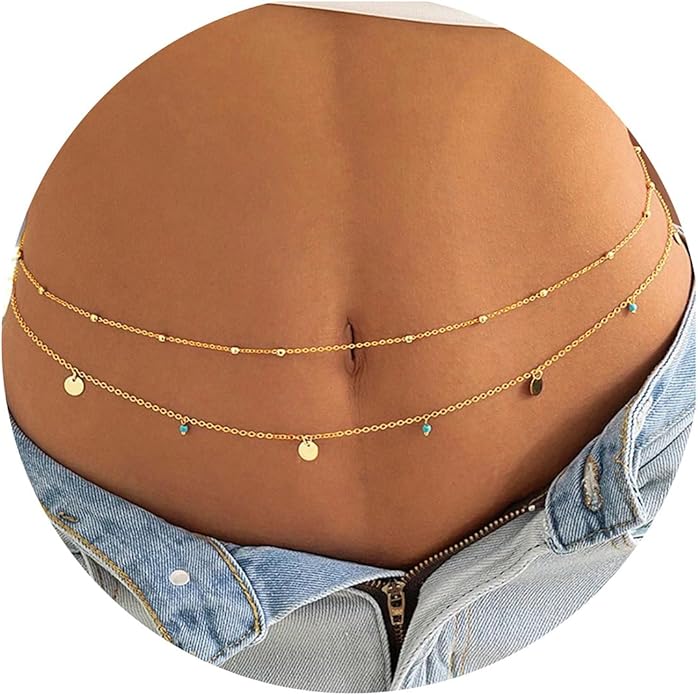 Turandoss 1-3PCS 18K Gold Plated Waist Chains for Women - Gold Layered Belly Body Chain for The Waist Adjustable Multilayer Sexy Bikini Waist Chain for Women Dainty Beach Waist Jewelry for Women
