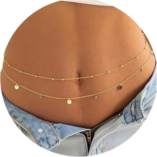 Turandoss 1-3PCS 18K Gold Plated Waist Chains for Women - Gold Layered Belly Body Chain for The Waist Adjustable Multilayer Sexy Bikini Waist Chain for Women Dainty Beach Waist Jewelry for Women