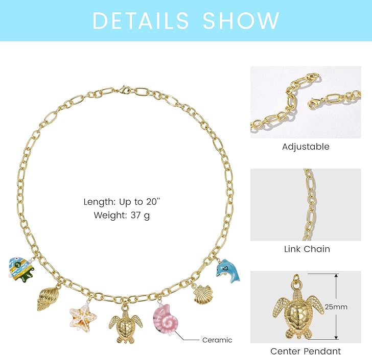 KissYan Charm Necklace for Women, 14K Gold Plated Heart Starfish Sun Pendant Fashion Link Chain Boho Summer Beach Jewelry Gifts