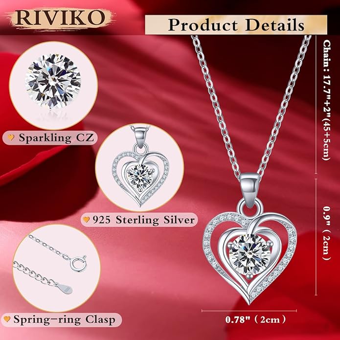 RIVIKO Heart Birthstone Pendant Necklace for Women 925 Sterling Silver Zirconia Necklaces Wedding Anniversary Birthday Mothers Day Jewelry Gifts For Her Mother Wife