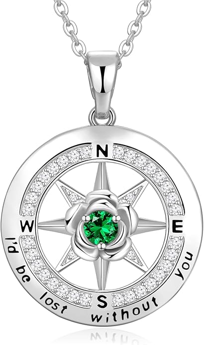 Silver Compass Necklace for Women Birthday Gifts for Wife Anniversary Necklace for Women Rose Flower Birthstone Necklaces for Wife Jewelry for Womens Girlfriend Mom Daughter
