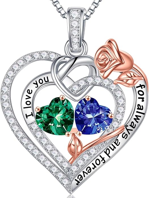 Iefil Rose Heart Necklace Gifts for Wife Women - 925 Sterling Silver Double Birthstone Necklace, Anniversary Birthday Gifts for Women, Jewelry Gift for Wife Girlfriend Mom Her