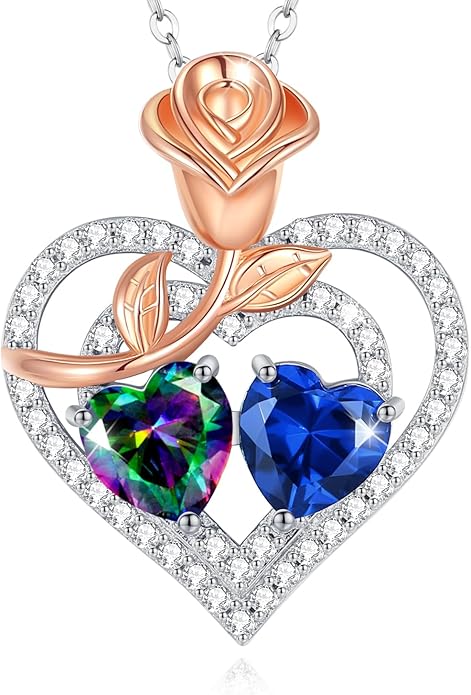 AGVANA Birthstone Necklace for Women Sterling Silver Rose Flower Heart Double Birthstone Jewelry Pendant Necklace Anniversary Birthday Gifts for Women Mom Wife Girlfriend Her