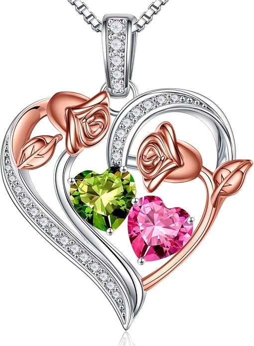 Iefil Birthstone Necklace for Women - 925 Sterling Silver Rose Heart Necklace, Birthstone Jewelry, Anniversary Birthday Gifts for Wife Girlfriend Mom Daughter