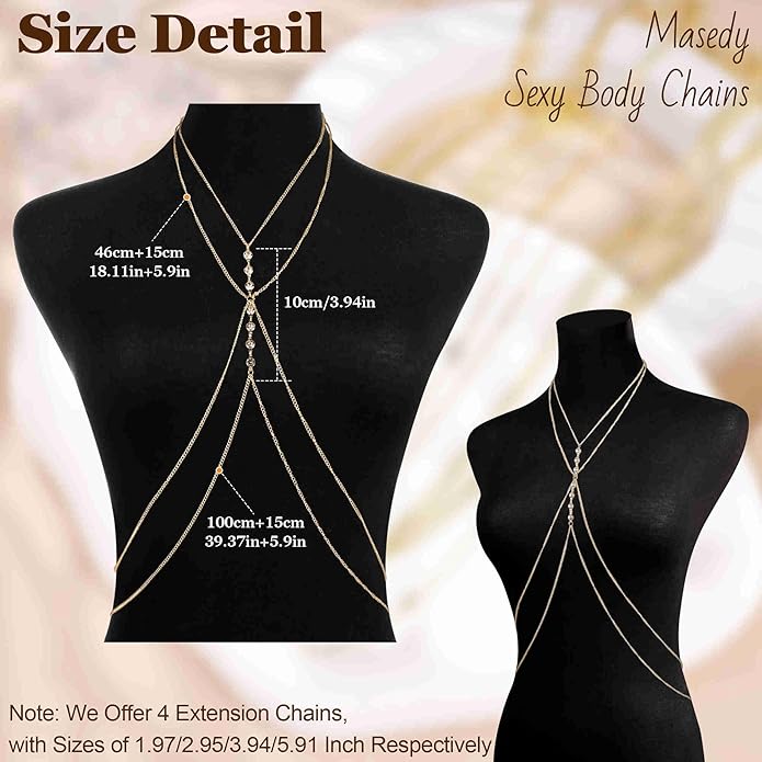 14K Gold Sexy Body Chains for Women Necklace Layered Bikini Bra Chain Crossover Belly Chain Rhinestone Summer Chest Chain Beach Prom Nightclub Body Chain Jewelry