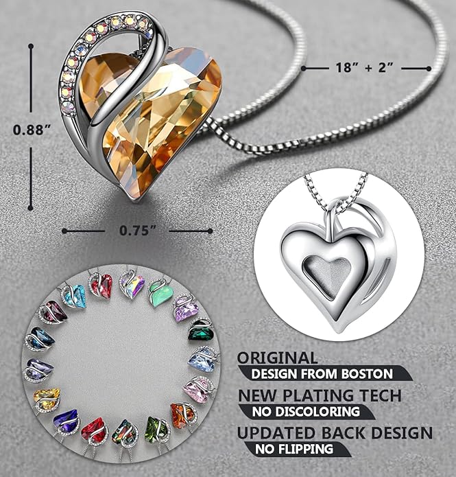 Necklaces for Women, Infinity Love Birthstone Heart Crystal Pendant, Birthday Jewelry Gifts for Her, Mom, and Wife, Silver Plated, 18 plus 2 inch Adjustable Chain