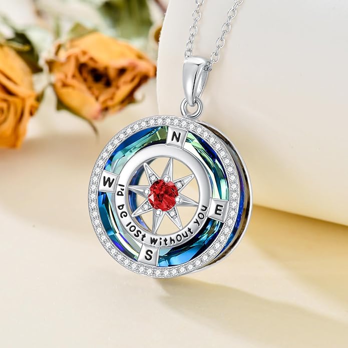 TOUPOP Compass Necklace for Women 925 Sterling Silver I'd be Lost without You Compass Pendant Birthstone Necklaces Anniversary Jewelry Birthday Gift for Girlfriend Wife Graduation Gifts for Her Daugthter