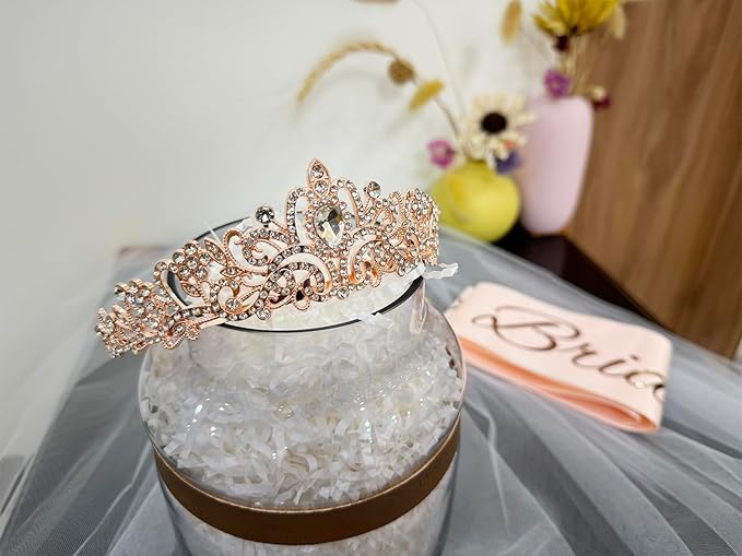 JETKONG 3 Pcs Bachelorette Party Decorations Bridal Shower Crown, Bride to Be Sash&Veil for Women Bachelorette Party Gifts, Bachelorette Party Supplies, Gifts, Favors (Rose Gold)
