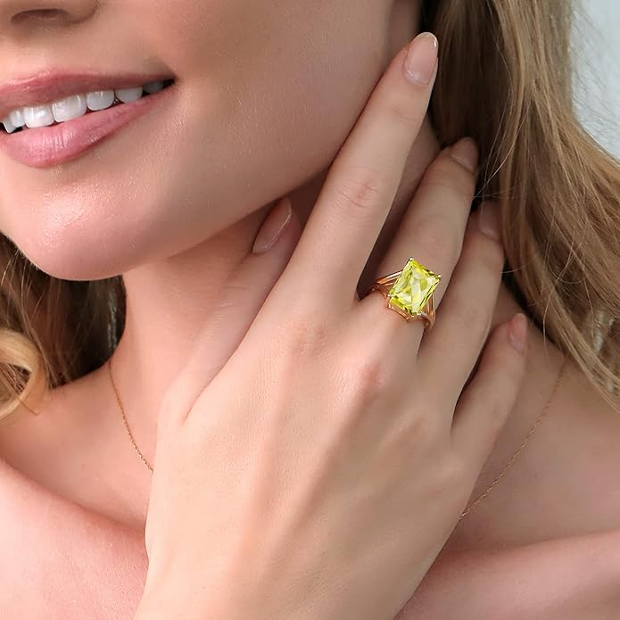 Gem Stone King 5-10 Cttw Gemstone Birthstone Solitaire Engagement Ring For Women | 18K Yellow Gold Plated Silver | 14X10MM Emerald Cut | Wedding Anniversary Ring | Available In Size 5, 6, 7, 8, 9