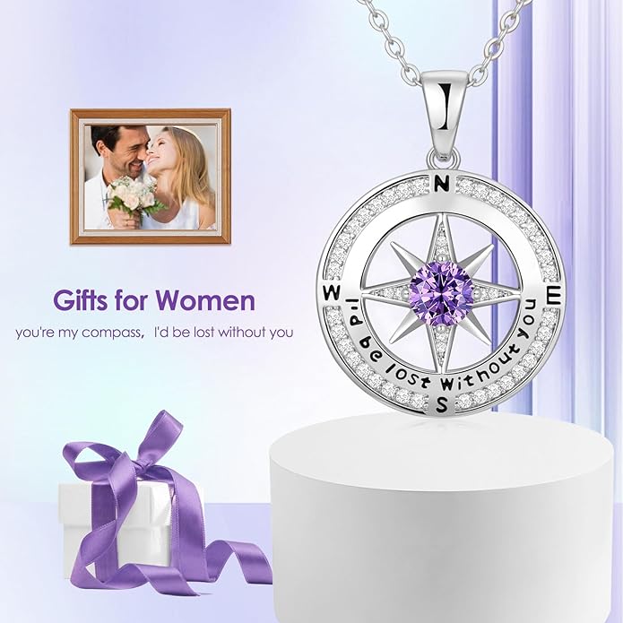 Compass Necklace Gifts for Women wife - S925 Sterling Silver Birthstone Necklaces for Women - Anniversary Birthday Gifts for Her Wife Girlfriend - Valentines Mom Mothers Day Christmas Gifts Jewelry for Women