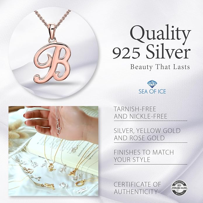 SEA OF ICE Letter Initial Necklace, Alphabet Letter Pendant Necklace, Sterling Silver, Gold, Rose Gold Necklace for Women, Elegant Initial Necklaces, Personalized Custom Women's Necklaces