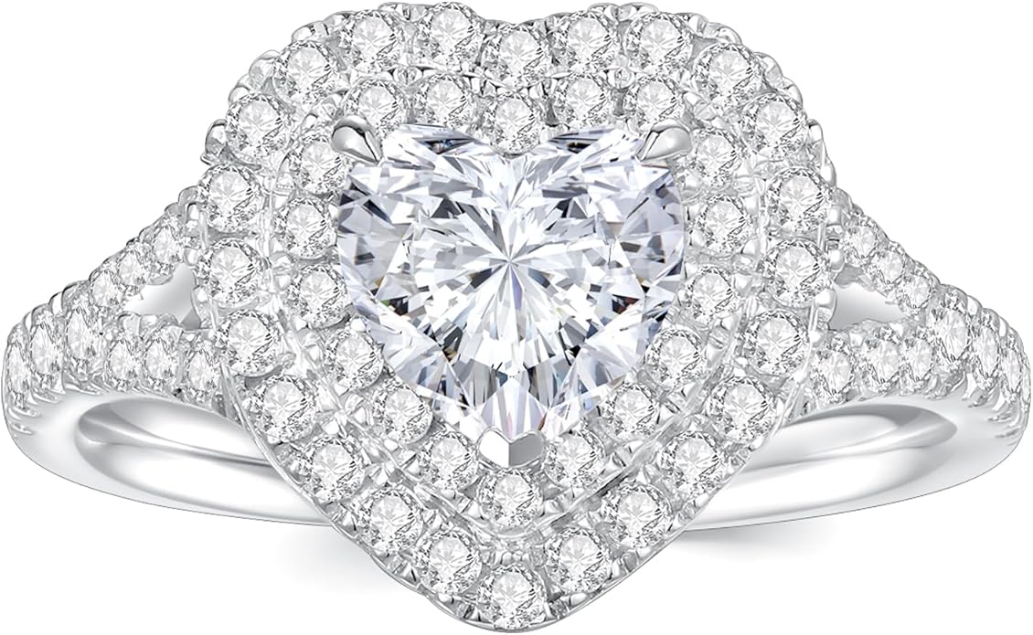 1.6CT Moissanite Heart Shaped Engagement Ring for Women D Color VVS1 Double Halo Wedding Ring S925 Sterling Silver with 18K White Gold Plated Genuine Moissanite Promise Ring for Her Size 5-10