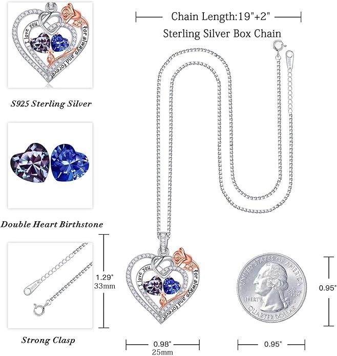 Iefil Rose Heart Necklace Gifts for Wife Women - 925 Sterling Silver Double Birthstone Necklace, Anniversary Birthday Gifts for Women, Jewelry Gift for Wife Girlfriend Mom Her