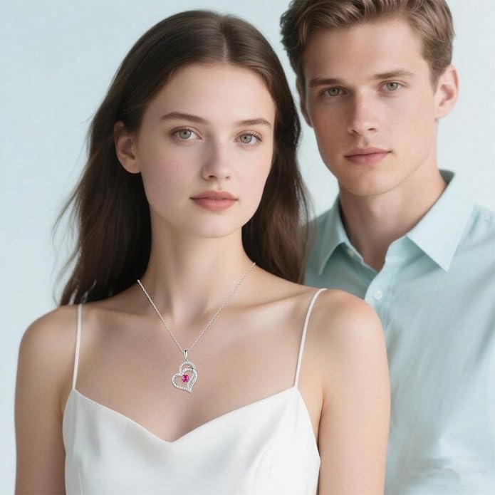 Heart Birthstone Silver Necklace for Women, S925 Sterling Silver Pendant Necklace Birthday Jewelry Gifts for Her Mother Mom Wife Girlfriend