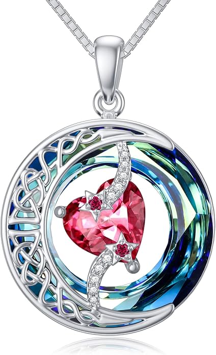 TOUPOP Birthstone Necklace 925 Sterling Silver Moon and Star Pendant with Blue Crystal Celtic Moon Jewelry Birthday Christmas Gifts for Women Mom Wife Her Daughter