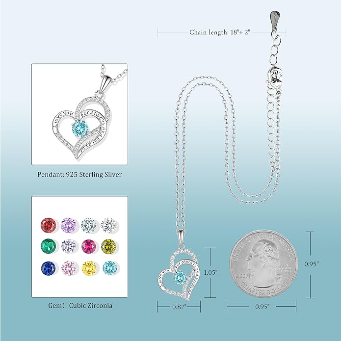 Heart Birthstone Silver Necklace for Women, S925 Sterling Silver Pendant Necklace Birthday Jewelry Gifts for Her Mother Mom Wife Girlfriend