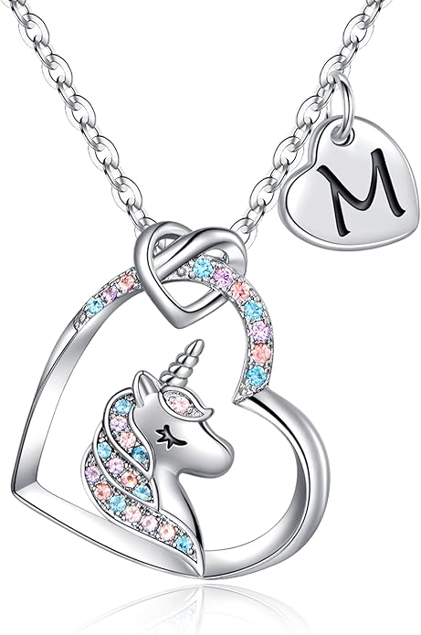 Hidepoo Unicorn Necklace Gifts for Girls Daughter - Colorful CZ Heart Pendant Initial Unicorn Necklaces for Girl Teens Little Girls Jewelry Birthday Gift
