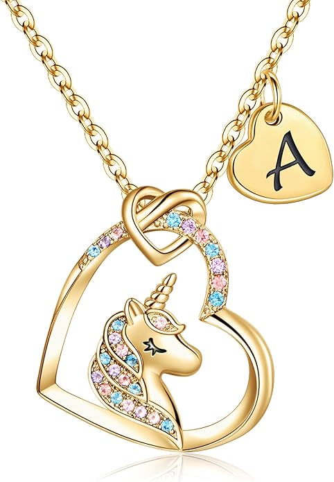 Hidepoo Unicorn Necklace Gifts for Girls Daughter - Colorful CZ Heart Pendant Initial Unicorn Necklaces for Girl Teens Little Girls Jewelry Birthday Gift