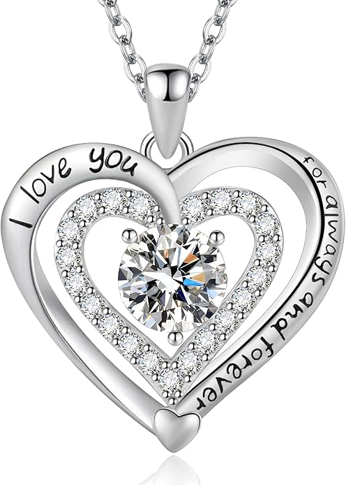Heart Necklace, I Love You Always & Forever, Birthstone Cubic Zirconia Pendant, Gift for Women