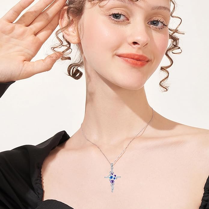 Flower Cross Necklace 925 Sterling Silver Carnation/Rose/Lily/Daisy Cross Necklace Birth Flower Jewelry for Women