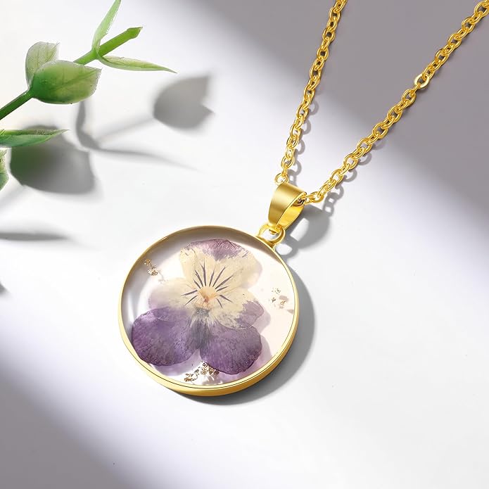 Forget-Me-Not and Queen Anne's Lace Pressed Wildflower Necklace | Birth Month Real Flower Necklace | Gold/Silver Pressed Flower Jewelry | Personalized Handmade Jewelry