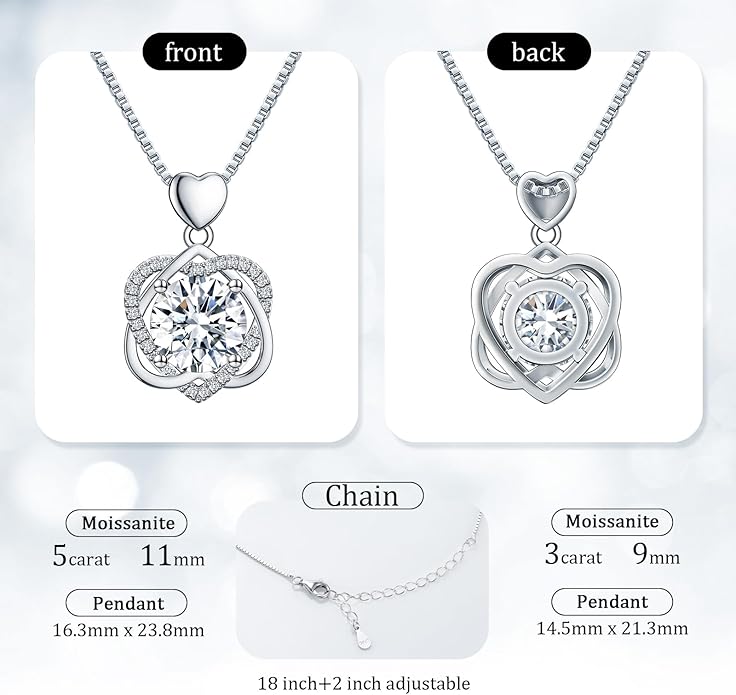 InfinityLove Heart Necklaces for Women, 5-3 Carats Moissanite, Sterling Silver Pendant Jewelry, Anniversary Birthday Gifts for Wife, Girlfriend, Daughter, Mom