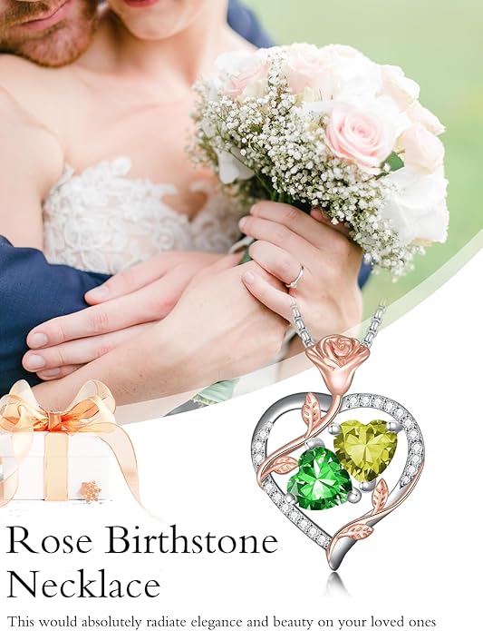 Jewelry for Her Double Heart Rose Birthstone Pendant Necklace Anniversary Jewelry Christmas Birthday Gifts for Women Wife Girlfriend