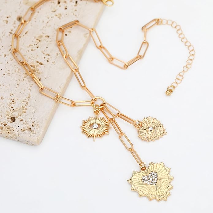 Charm Necklace for Women Gold Evil Eye Sun Moon Flower Coin Pendant Necklace Dainty Paperclip Chain Vintage Luck Amulet Choker Necklaces Celestial Jewelry Gift