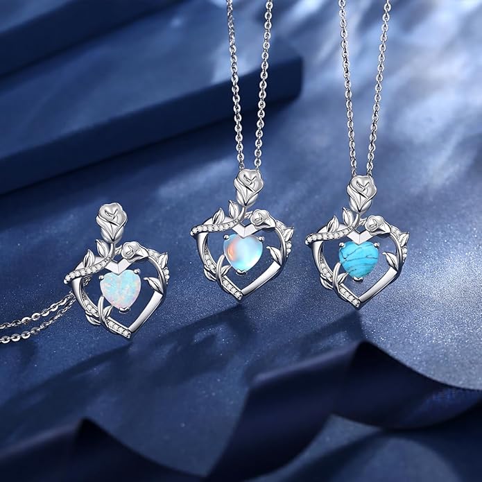AGVANA Rose Birthstone Necklace for Women Sterling Silver Rose Flower Heart Necklace Fine Jewelry Anniversary Birthday Gifts for Women Wife Mom Her, Length: 18"+2"