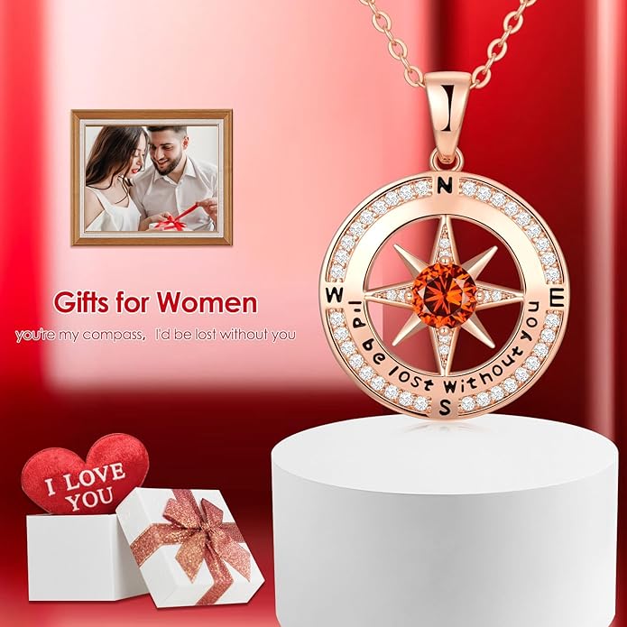 Compass Necklace Gifts for Women wife - S925 Sterling Silver Birthstone Necklaces for Women - Anniversary Birthday Gifts for Her Wife Girlfriend - Valentines Mom Mothers Day Christmas Gifts Jewelry for Women
