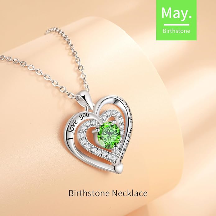 Heart Necklace, I Love You Always & Forever, Birthstone Cubic Zirconia Pendant, Gift for Women