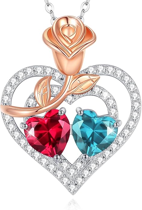 AGVANA Birthstone Necklace for Women Sterling Silver Rose Flower Heart Double Birthstone Jewelry Pendant Necklace Anniversary Birthday Gifts for Women Mom Wife Girlfriend Her