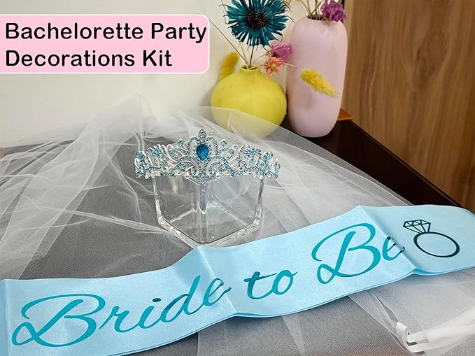 JETKONG 3 Pcs Bachelorette Party Decorations Bridal Shower Crown, Bride to Be Sash&Veil for Women Bachelorette Party Gifts, Bachelorette Party Supplies, Gifts, Favors (Blue)