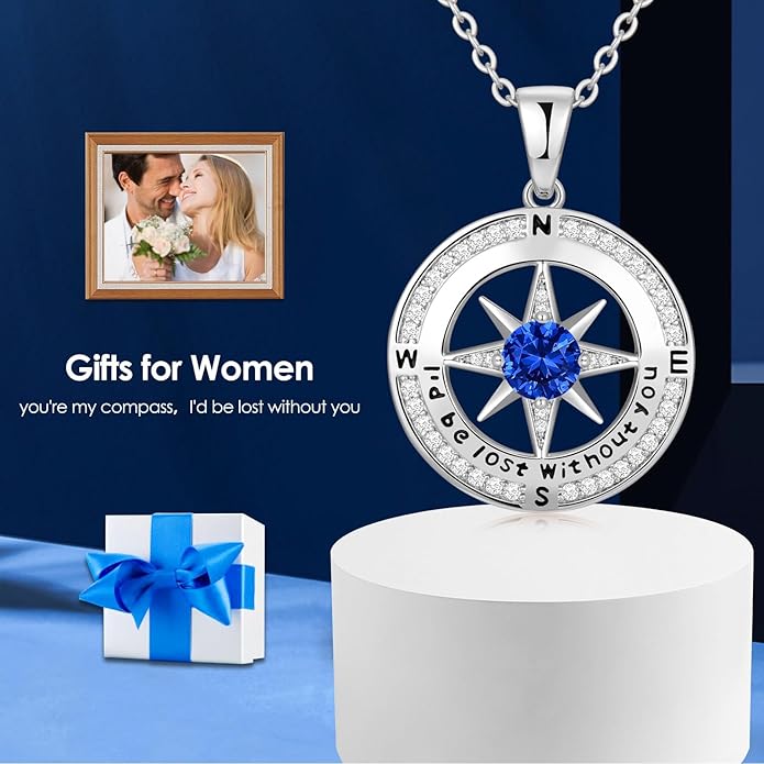 Compass Necklace Gifts for Women wife - S925 Sterling Silver Birthstone Necklaces for Women - Anniversary Birthday Gifts for Her Wife Girlfriend - Valentines Mom Mothers Day Christmas Gifts Jewelry for Women