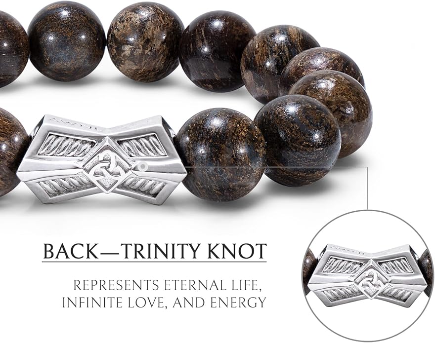 AWNL® Men's Beaded Bracelet with Sterling Silver Engraved Runes Charm 12mm Bronzite Dumortierite Obsidian Natural Gemstone Gift for Men, 6.1''-7.9''