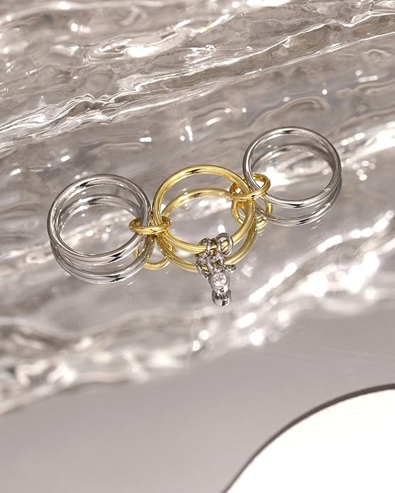 TLY Stackable Gold Rings for Women Non Tarnish 18K Gold Plated Interlocking Ring Stack Set Gold Silver Mixed Metal Statement Rings Dainty Cubic Zirconia CZ Fashion Connected Band Thumb Ring Size 4-11 Jewelry Gift for Women