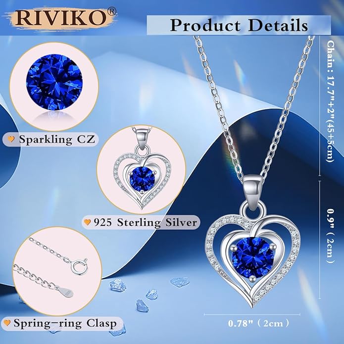 RIVIKO Heart Birthstone Pendant Necklace for Women 925 Sterling Silver Zirconia Necklaces Wedding Anniversary Birthday Mothers Day Jewelry Gifts For Her Mother Wife