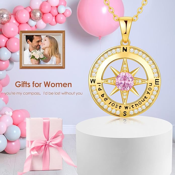 Compass Necklace Gifts for Women wife - S925 Sterling Silver Birthstone Necklaces for Women - Anniversary Birthday Gifts for Her Wife Girlfriend - Valentines Mom Mothers Day Christmas Gifts Jewelry for Women