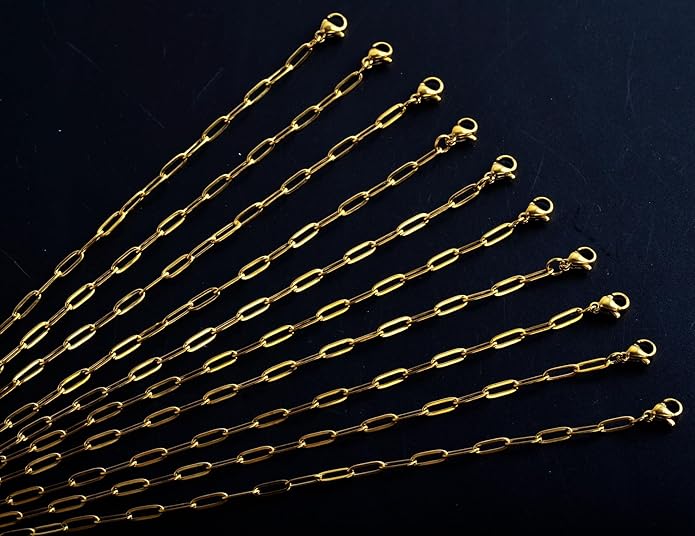 Gold Paperclip Chain Necklace for Women 10pcs 18inch 3X9mm Gold Chains for jewelry Making Stainless Steel Filled 18K Gold Plated Chains Bulk Adjustable Link Chains