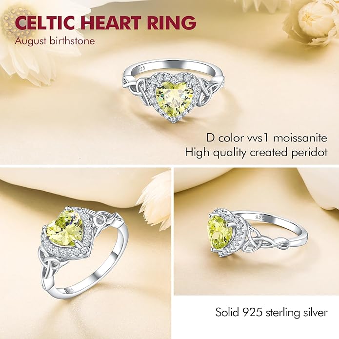 DAYBYDAY Celtic Birthstone Rings for Women 925 Sterling Silver Heart/Round/Pear/Oval Created Gemstone Moissanite Halo Engagement Promise Rings for Her Wife Birthday Anniversary Wedding Jewelry