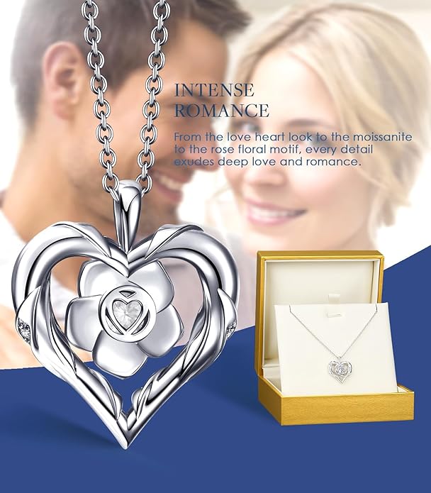 Beam & Bask Rose Flower Heart Moissanite Necklaces for Wife, S925 Silver Pendant for Women, 18K Gold Plated Jewelry for Her Girlfriend Mom for Anniversary Birthday
