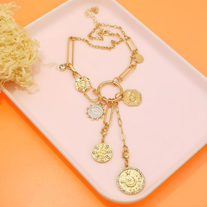 Chunky Retro Heart Necklace for Women Antique Layer Beach Ocean Moon Stars Western Boho Charm Necklaces Retro Link Chain Jewelry