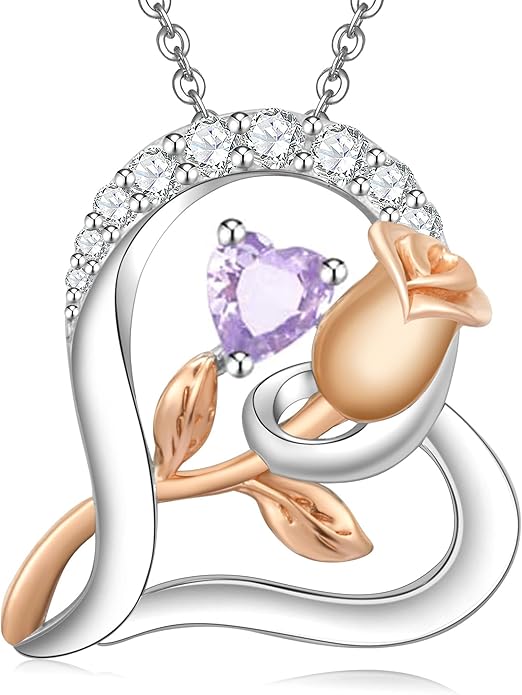 Rose Flower Heart Birthstone Necklaces for Women, 925 Sterling Silver Anniversary Jewelry, Pendant Heart Necklaces Birthday Anniversary Christmas Gift for Women Wife Mom Girlfriend Lady