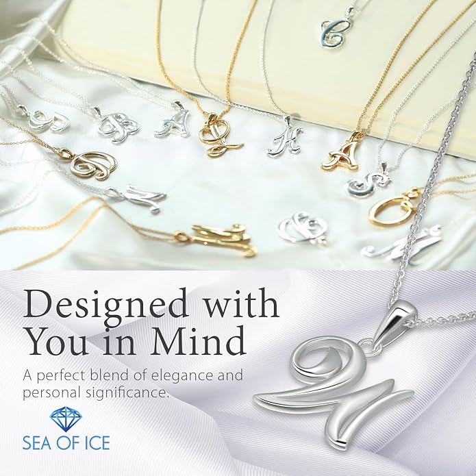 SEA OF ICE Letter Initial Necklace, Alphabet Letter Pendant Necklace, Sterling Silver, Gold, Rose Gold Necklace for Women, Elegant Initial Necklaces, Personalized Custom Women's Necklaces