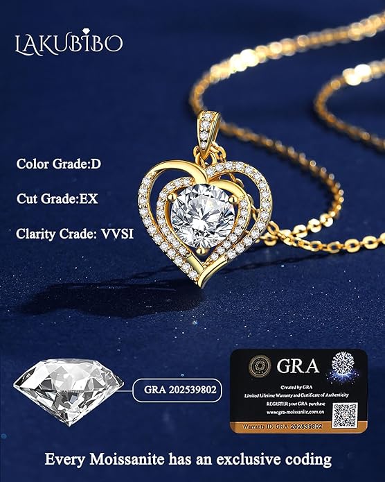 1-2 CT Moissanite Heart Pendant Necklaces for Wife,Moissanite Necklace Engraved with 'I LOVE YOU,18K Gold Plated S925 Silver Jewelry Anniversary Christmas Gifts for Girlfriend Wife Mom