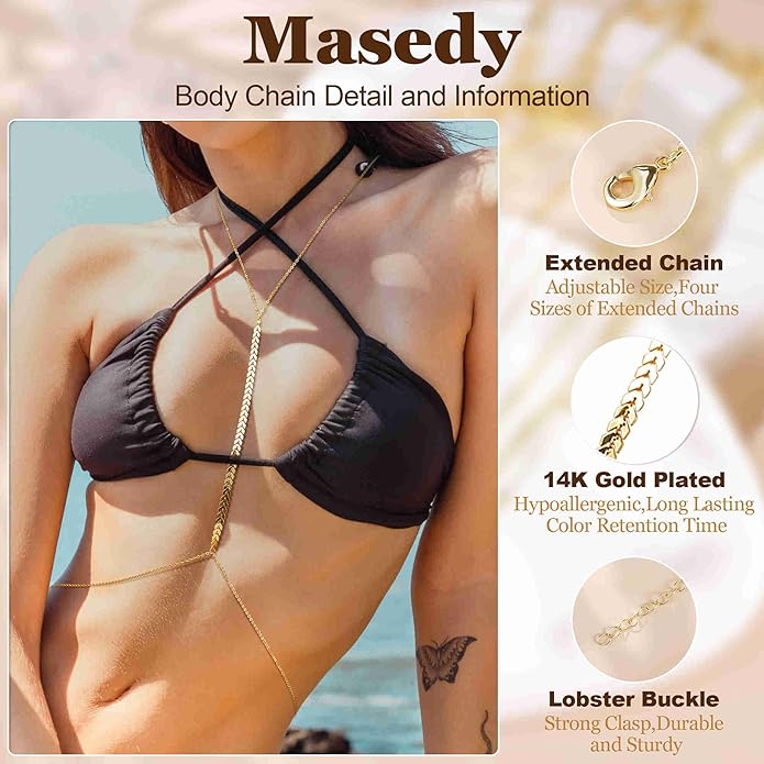 14K Gold Sexy Body Chains for Women Necklace Layered Bikini Bra Chain Crossover Belly Chain Rhinestone Summer Chest Chain Beach Prom Nightclub Body Chain Jewelry