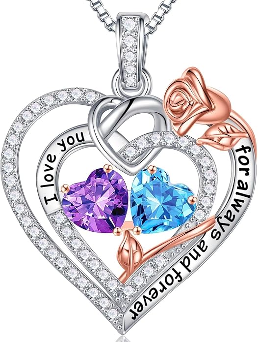 Iefil Rose Heart Necklace Gifts for Wife Women - 925 Sterling Silver Double Birthstone Necklace, Anniversary Birthday Gifts for Women, Jewelry Gift for Wife Girlfriend Mom Her