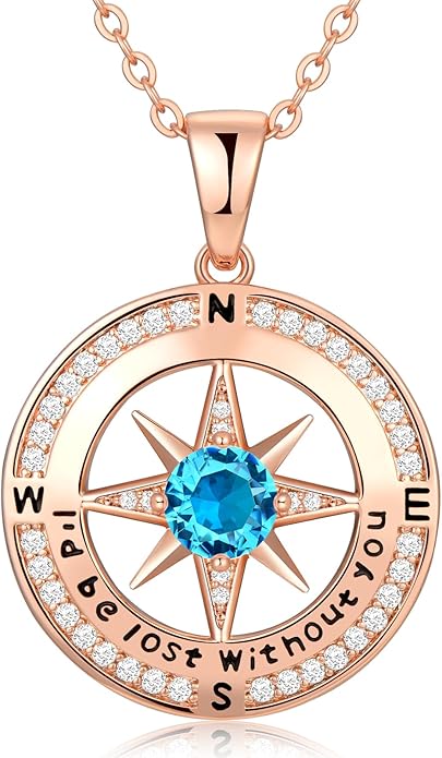 Compass Necklace Gifts for Women wife - S925 Sterling Silver Birthstone Necklaces for Women - Anniversary Birthday Gifts for Her Wife Girlfriend - Valentines Mom Mothers Day Christmas Gifts Jewelry for Women