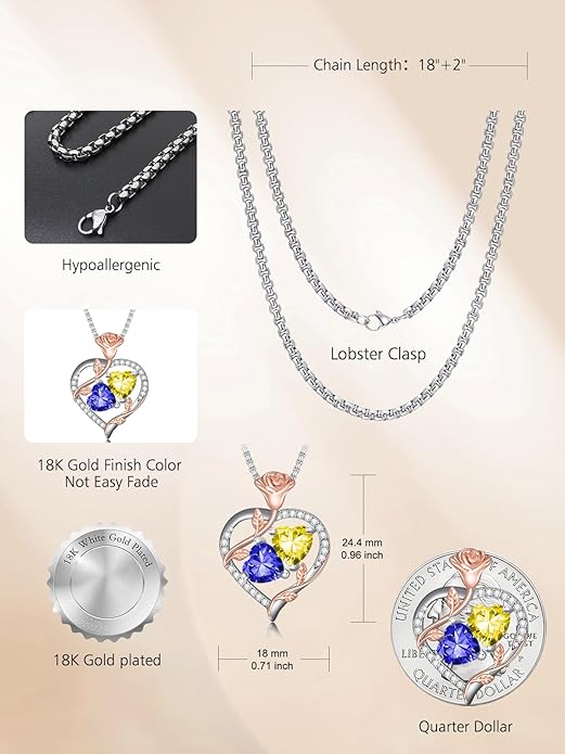 Jewelry for Her Double Heart Rose Birthstone Pendant Necklace Anniversary Jewelry Christmas Birthday Gifts for Women Wife Girlfriend