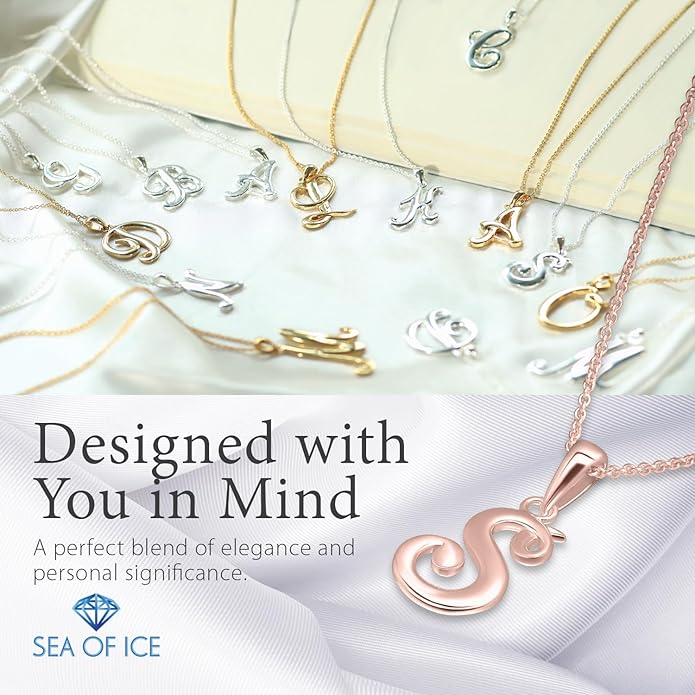 SEA OF ICE Letter Initial Necklace, Alphabet Letter Pendant Necklace, Sterling Silver, Gold, Rose Gold Necklace for Women, Elegant Initial Necklaces, Personalized Custom Women's Necklaces